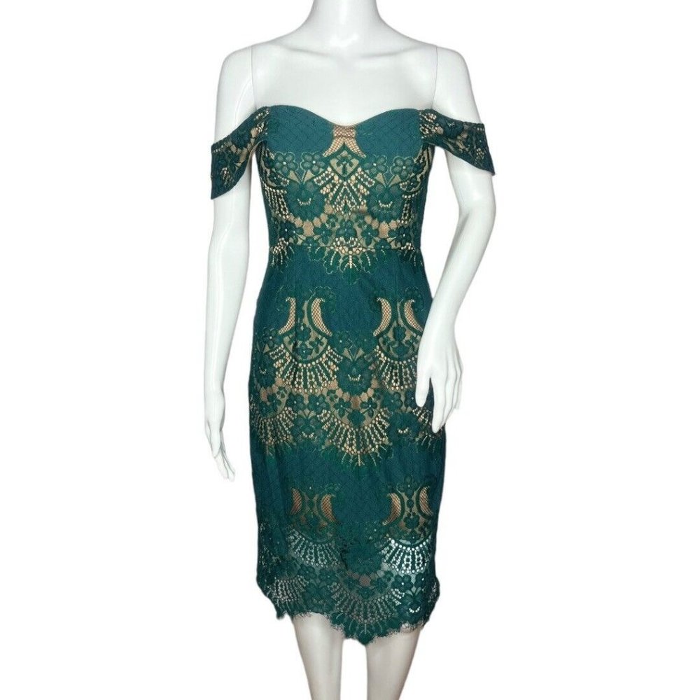Ryse The Label Alex Cocktail Dress Women Size S Green Illusion Lace Off Shoulder